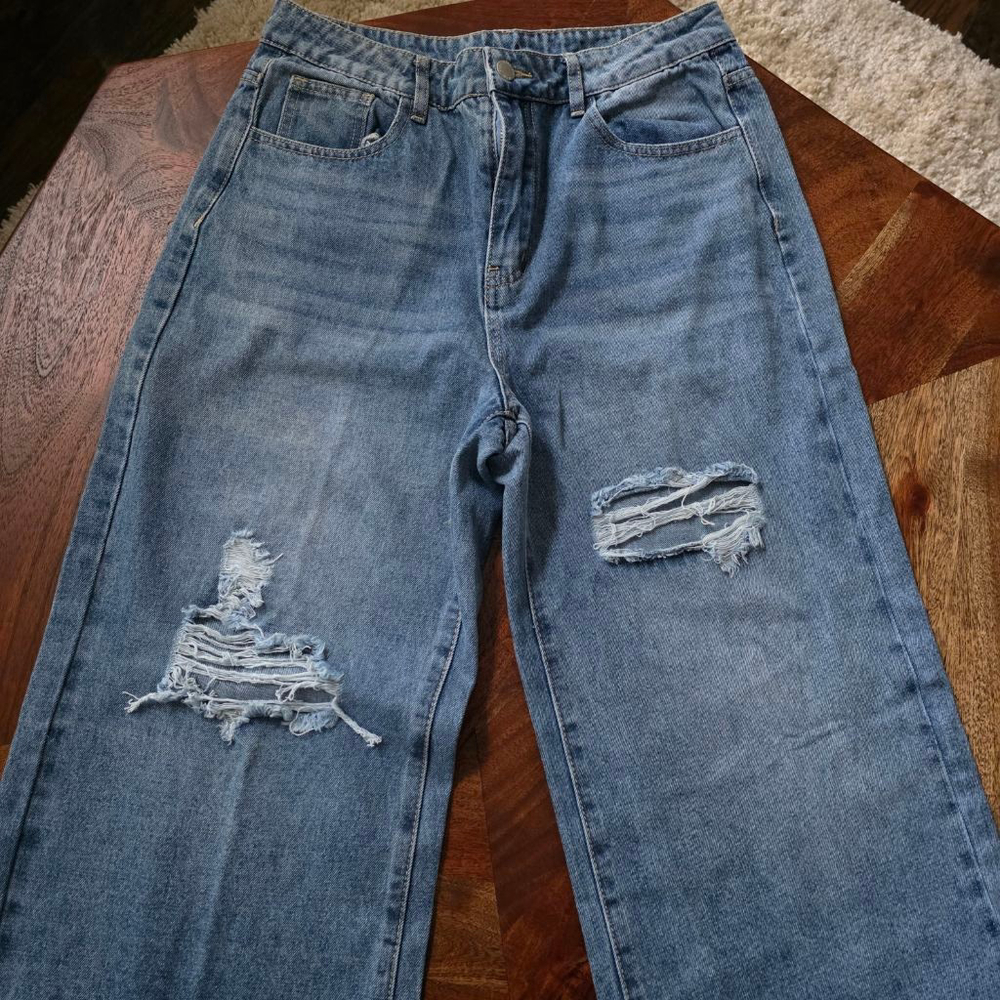 Women's SHEIN Distressed Wide Leg Jeans Blue US L (8/10) - Picture 5 of 10